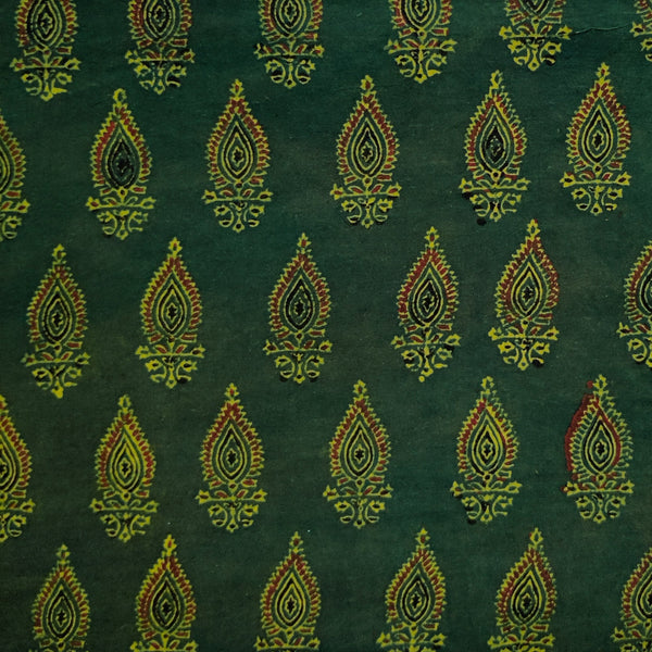 Pre-Cut 1.30 Meters Pure Cotton Ajrak Dark Green With Intricate Tribal Motif Hand Block Print Fabric