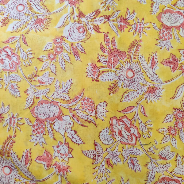 Pre-Cut 1.30 Meters Pure Cotton Jaipuri Pastel Yellow With Rustic Peach And White Jaal Hand Block Print Fabric