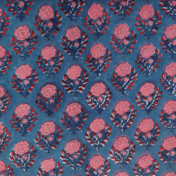 Pre-Cut 1.33 Meters Pure Cotton Jaipuri Blue With Pink Rose Plant Hand Block Print Fabric