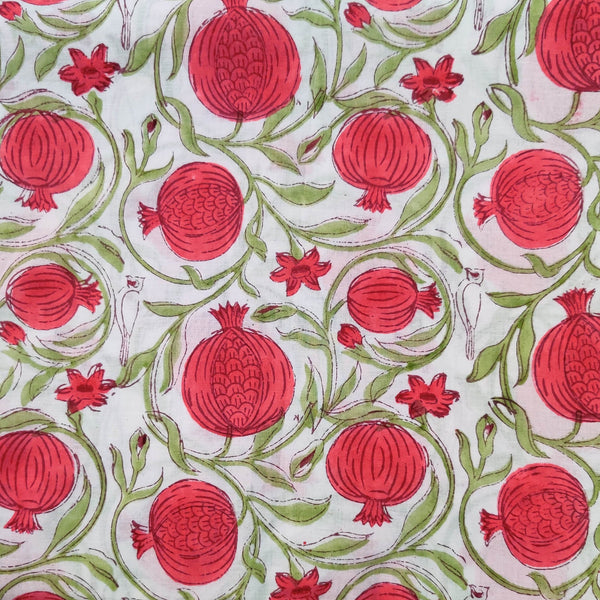 Pre-Cut 2.20 Meters Pure Cotton Jaipuri White With Pomogranate Jaal Hand Block Print Fabric