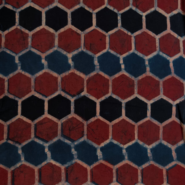 Pre-Cut 1.35 Meters Pure Cotton Ajrak With Shades Of Dark Blue Maroon And Black Honey Comb Hand Block Print Fabric