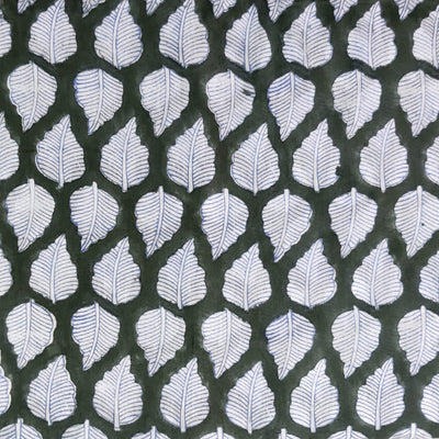 Pre-Cut 1.35 Meters Pure Cotton Jaipuri Dark Green With White Leaf Hand Block Print Fabric