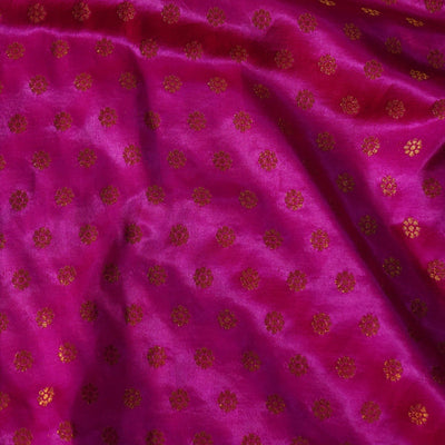 Pre-Cut 1.40 Meters Banarasi Brocade Pink With Gold Dot Flowers Woven Fabric