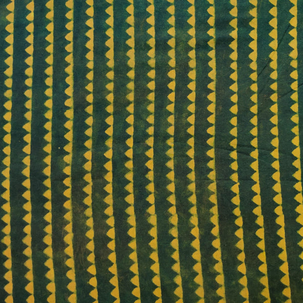 Pre-Cut 1.40 Meters Pure Cotton Ajrak Persian Green With Yellow Triangle Border Hand Block Print Fabric