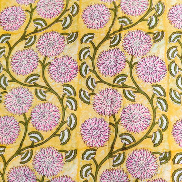 Pre-Cut 1.40 Meters bPure Cotton Jaipuri Yellow With Marrigold Jaal Hand Block Print Fabric