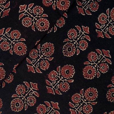Pre-Cut 1.45 Meters Pure Cotton Ajrak Earthy Black With Rust Motifs Hand Block Print Fabric