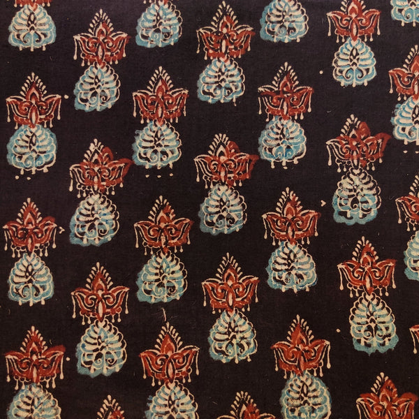 Pre-Cut 1.5 Meters Pure Cotton Black Ajrak With Mehendi Art Hand Block Print Fabric