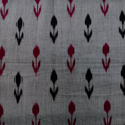 Pre-Cut 1.5 Meters Pure Cotton Grey Mercerised Ikkat With Black And Maroon Plant Weaves Woven Fabric