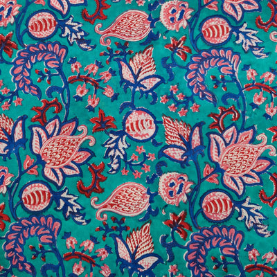 Pre-Cut 1.5 Meters Pure Cotton Jaipuri Blue With Orange Red Dark Blue Wild Wild Jaaal Hand Block Print Fabric