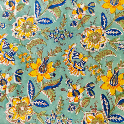 Pre-Cut 1.5 Meters Pure Cotton Jaipuri Blue With Yellow Dark Blue Floral Jaal Hand Block Print Fabric