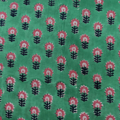 Pre-Cut 1.5 Meters Pure Cotton Jaipuri Green With Pink Small Motifs Hand Block Print Fabric