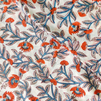 Pre-Cut 1.5 Meters Pure Cotton Jaipuri White With Orange Blue And Grey Jaal Hand Block Print Fabric