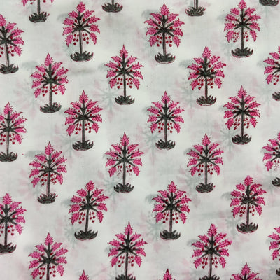 Pre-Cut 1.5 Meters Pure Cotton Jaipuri White With Pink Palm Trees Hand Block Print Fabric