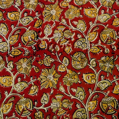 Pre-Cut 1.5 Meters Pure Cotton Kalamkari Rust With Green And Mustard Jaal Hand Block Print Fabric