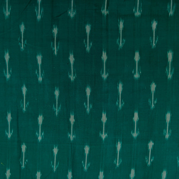 Pre-Cut 1.80 Meters Pure Cotton Teal Green Mercerised Ikkat With Cream Plant Weaves Woven Fabric