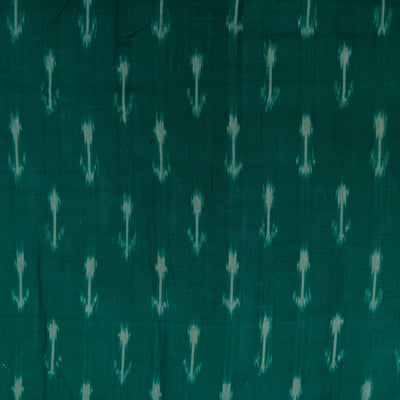 Pre-Cut 1.80 Meters Pure Cotton Teal Green Mercerised Ikkat With Cream Plant Weaves Woven Fabric
