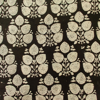 Pre-Cut 1.5 Metesr Pure Cotton Bagru Black With Twig Of Leaves Hand Block Print Fabric