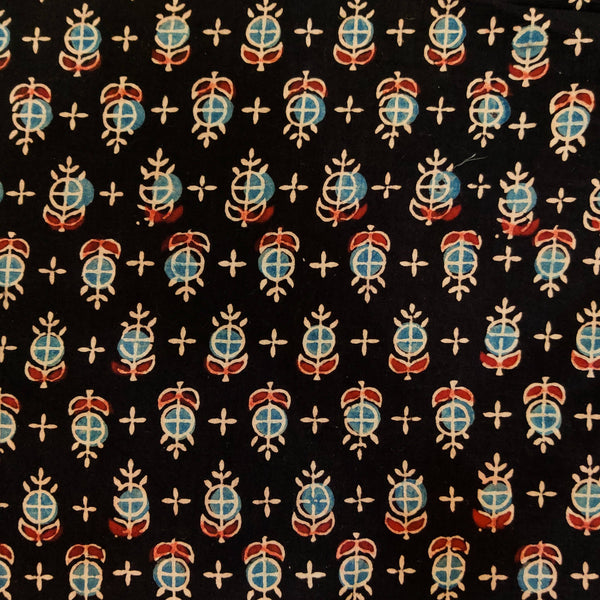 Pre-Cut 1.60 Meters Pure Cotton Ajrak Black With Blue And maroon  Round Plant Hand Block Print Fabric