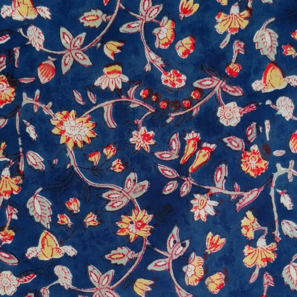 Pre-Cut 1.60 Meters Pure Cotton Jaipuri Blue With Tiny Yellow Red Flower Jaal Hand Block Print Fabric