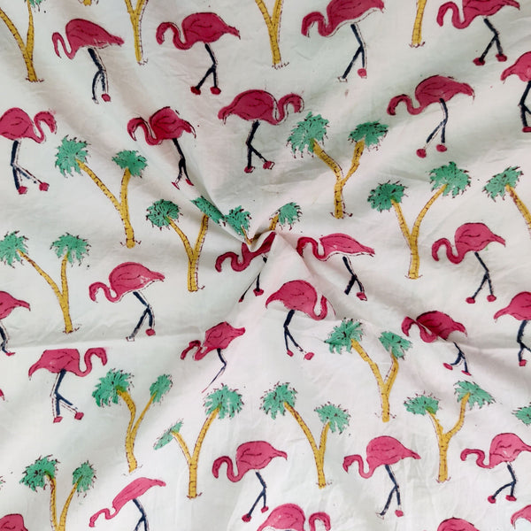 Pre-Cut 1.60 Meters Pure Cotton Jaipuri White With Tropical Flamingo Hand Block Print Fabric