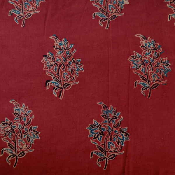 Pre-Cut 1.65 Meters Pure Cotton Ajrak Rust With Blue Black Floral Spaced Out Motifs Hand Block Print Fabric