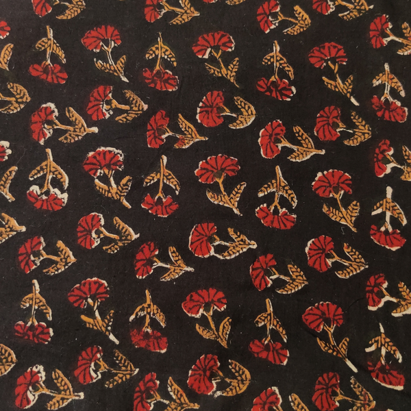 Pre-Cut 1.65 Meters Pure Cotton Bagru Dull Black With Scattered Flowers Hand Block Print Fabric