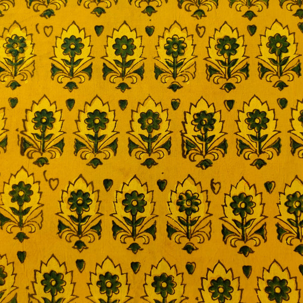 Pre-Cut 1.30 Meters Pure Cotton Ajrak Turmeric Dyed With Green Intricate Beautiful Motif Hand Block Print  Fabric