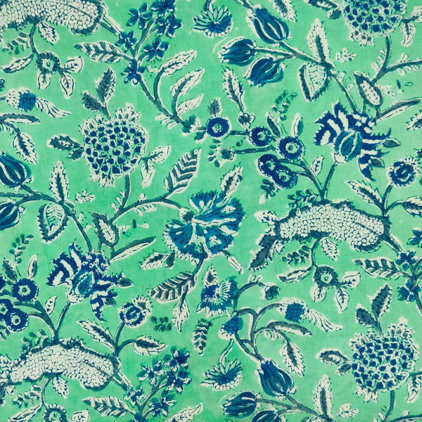 Pre-Cut 1.70 Meters Pure Cotton Jaipuri Sea Green With Blue Wild Flower Jaal Hand Block Print Fabric