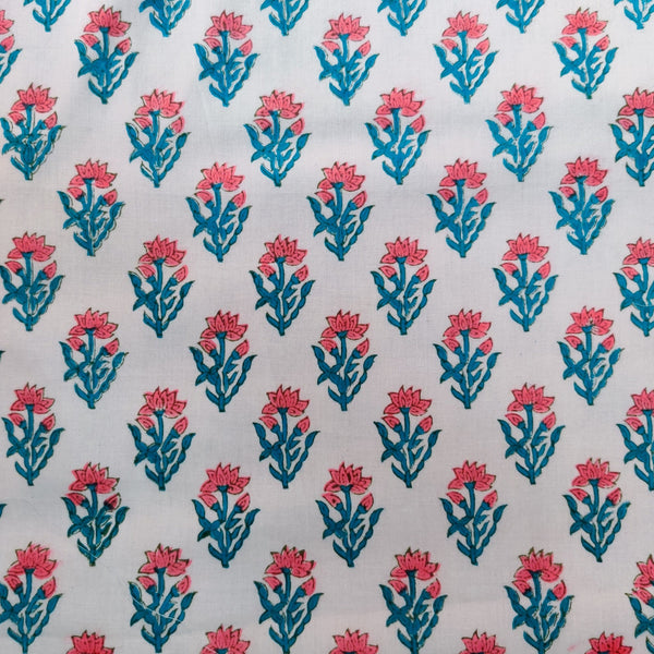Pre-Cut 1.75 Meters Pure Cotton Jaipuri White With Pink And Blue Motifs Hand Block Print Fabric