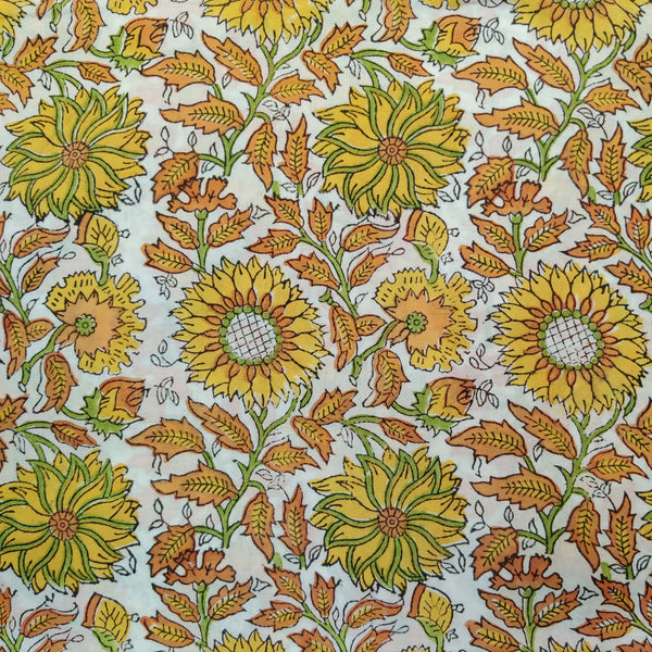 Pre-Cut 1.75 Meters Pure Cotton Jaipuri White With Shades Of Yellow Sun Flower Hand Block Print Fabric