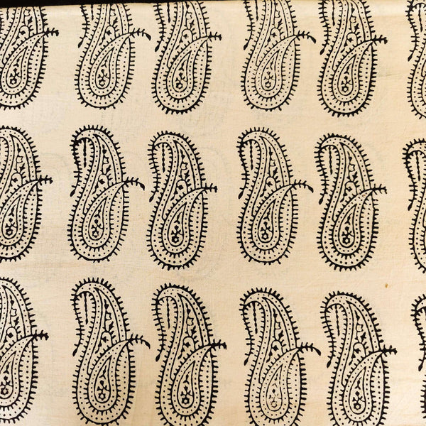 Pre-Cut 1.75 Meters Pure Cotton Dabu  Jahota Cream With Black Intricate Kairi Hand Block Print Fabric