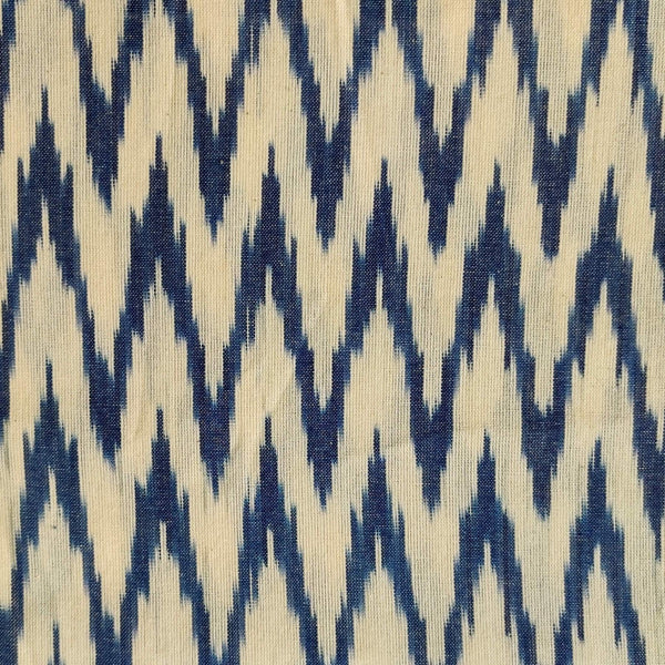 Pre-Cut 1.80 Meters Pure Cotton Cream Ikkat With Blue Zig Zag Weave Woven Fabric