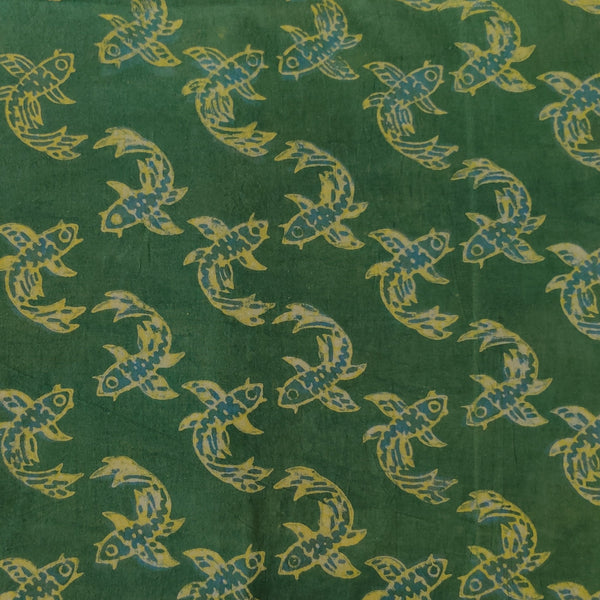 Pre-Cut 1.85 Meters Pure Cotton Akola Dabu Green With Fish Hand Block Print Fabric
