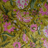 Pre- Cut 1.90 Meters Pure Cotton Green With Pink Floral Jaal Hand Block Print Fabric