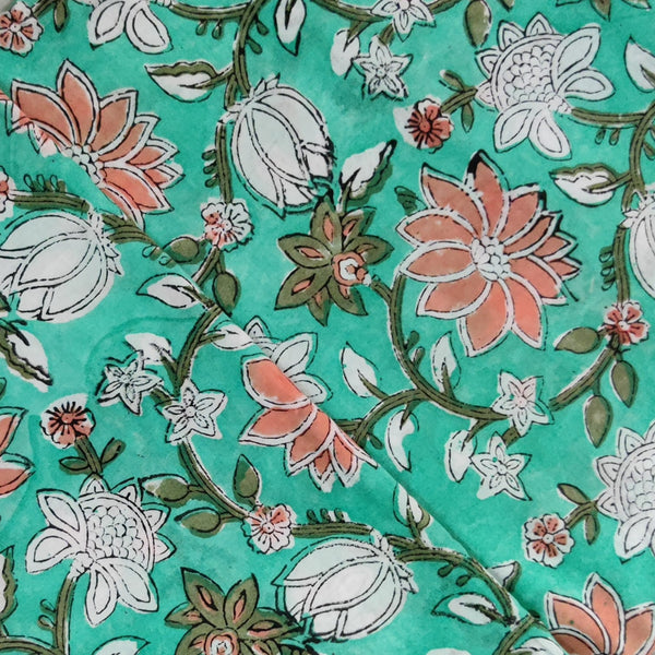 Pre-Cut 1.90 Meters Pure Cotton Jaipuri Sea Green With Orange White Green Wild Flower Jaal Hand Block Print Fabric