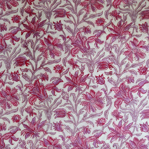 Pre-Cut 1.90 Meters Pure Cotton Jaipuri White With Shades Of Pink Jaal Hand Block Print Fabric