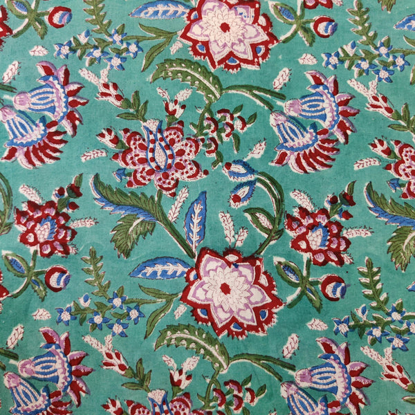 Pre-Cut 1.90 Meters Pure Cotton Teal With Multi Type Flower Jaal Hand Block Print Fabric