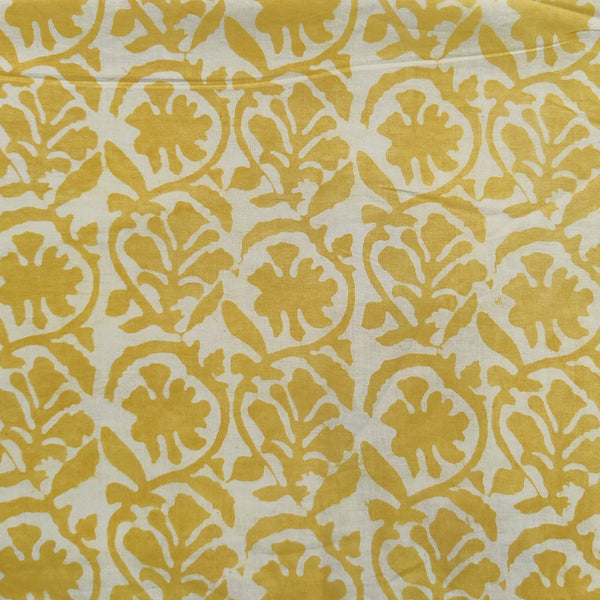 Pre-Cut 1.95 Meters Pure Cotton Dabu Light Mustard With Yellow Creeper Jaal Hand Block Print Fabric