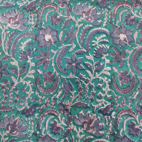 Pre-Cut 1.95 Meters Pure Cotton Dark Sea Blue With Grey Floral Jaal Hand Block Print Fabric