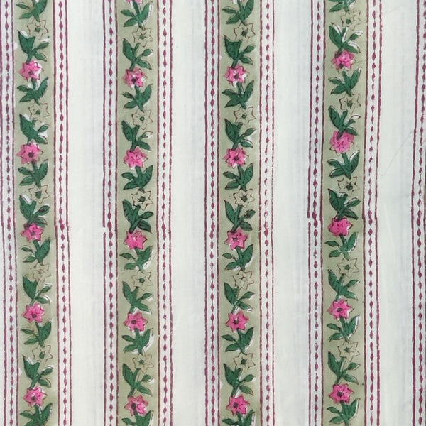 Pre-Cut 2.20 Meters Pure Cotton Jaipuri White With Green Pink Border Stripes Hand Block Print Fabric