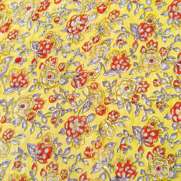 Pre-Cut 2.25 Meters Pure Cotton Jaipuri Yellow With Reddish Orange Yellow Flower Jaal Hand Block Print Fabric