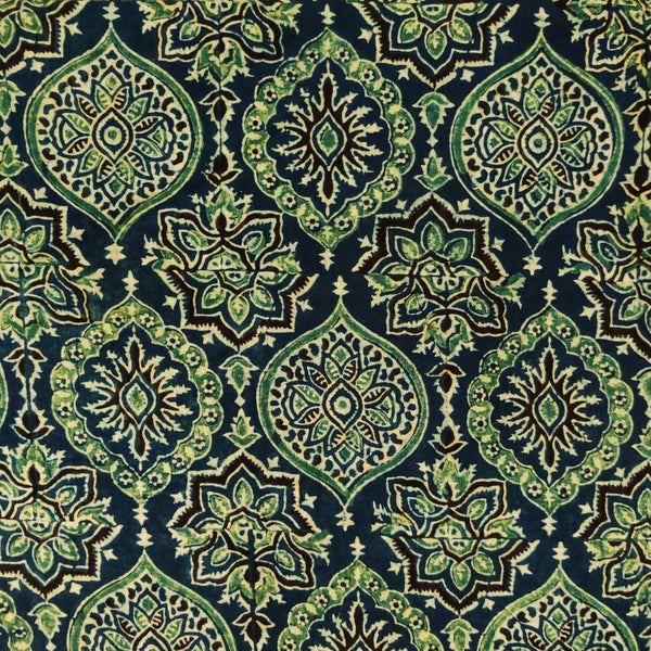 Pre-Cut 2Meters Pure Cotton Ajrak Blue With Intricate Green Patterned Hand Block Print Fabric