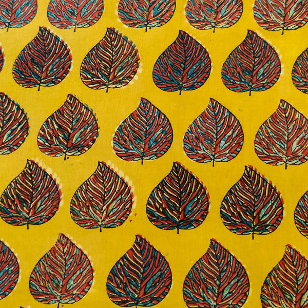 Pre-Cut 2 Meters Pure Cotton Ajrak Mustard Yellow With Intricate Leaf Motif Hand Block Print Fabric
