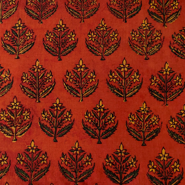 Pre-Cut 2.20 Meters Pure Cotton Double Ajrak Madder With Mustard Tiny Flower Plant Hand Block Print Fabric