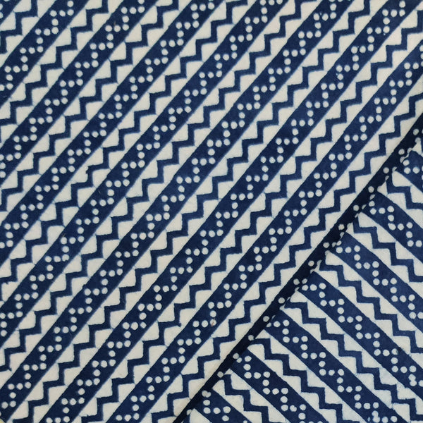 Pre-Cut 2 Meters Pure Cotton Indigo With ZigZag And Dot Zig Zag Stripes Hand Block Print Fabric
