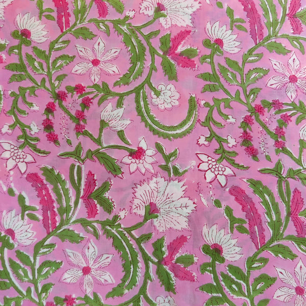 Pre-Cut 2 Meters Pure Cotton Jaipuri Pink With Light Green Pink White Jaal Hand Block Print Fabric