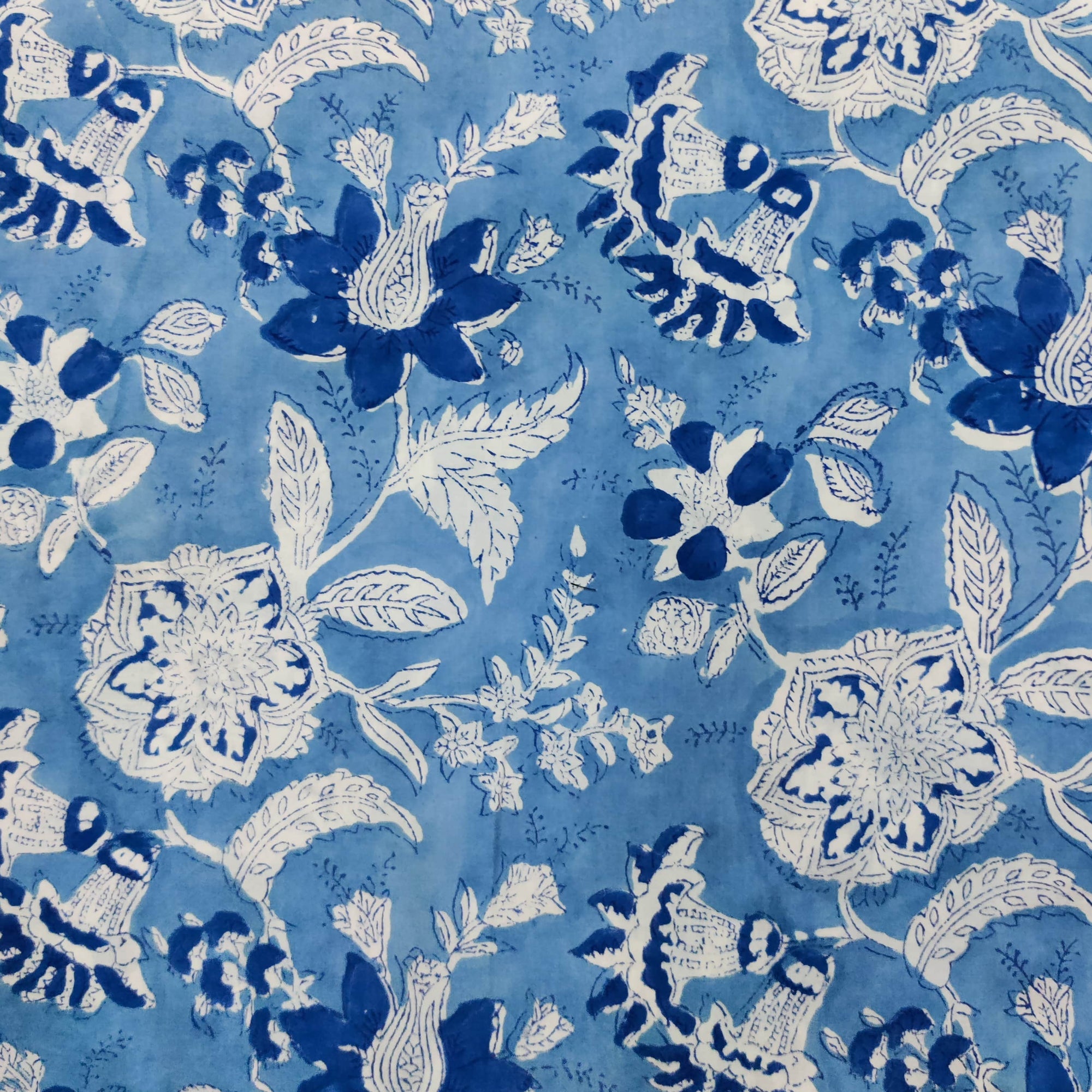 Pre-Cut 2 Meters Pure Cotton Jaipuri Shades Of Blue Jaal Hand Block Pr ...