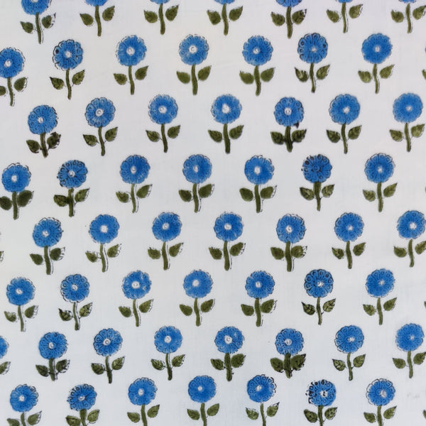 Pre-Cut 2 Meters Pure Cotton Jaipuri White With Blue Flower Motif Hand Block Print Fabric