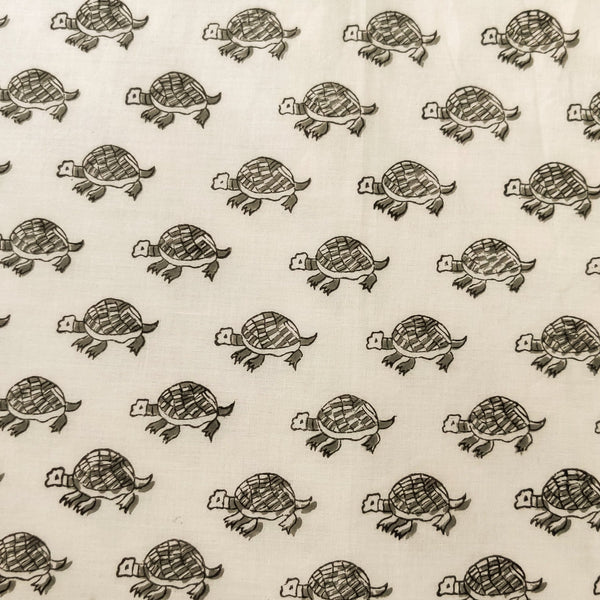 Pre-Cut 2 Meters Pure Cotton Jaipuri White With Grey Kachua Hand Block Print Fabric