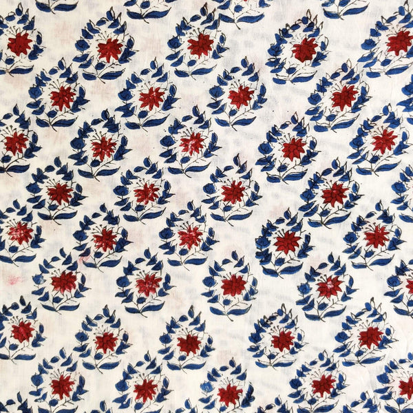 Pre-Cut 2 Meters Pure Cotton Jaipuri White With Small Floral Twig Hand Block Print Fabric